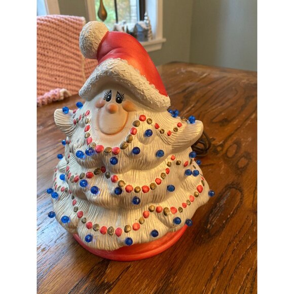 Vintage Ceramic Light-Up Santa Christmas Tree With Festive Red & Blue Beads - Picture 2 of 8